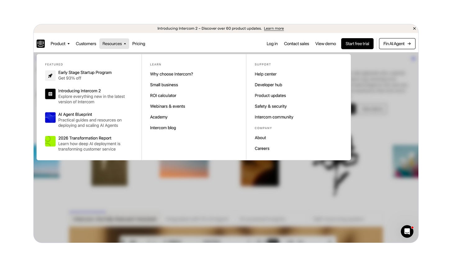 Positive example of a B2B SaaS resources section from https://www.intercom.com/.