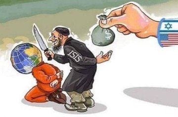 A cartoon depicts a man with a globe for a head, his knees tied, while a man in clothing resembling ISIS holds a knife. In the background, a hand extends a bag of money containing American and Israeli flags.
