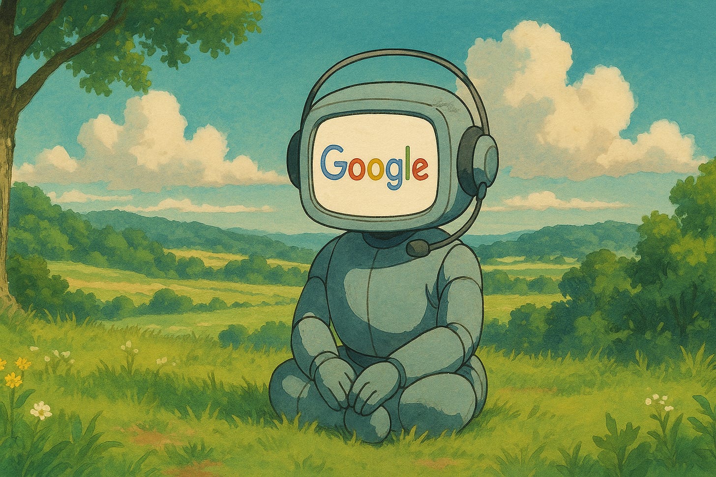 An AI-generated illustration of a Google chatbot sitting calmly in an open field.