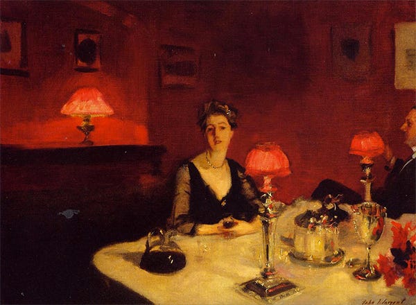 Oil painting of a woman at a dinner table at night, by John Sargent, 1884