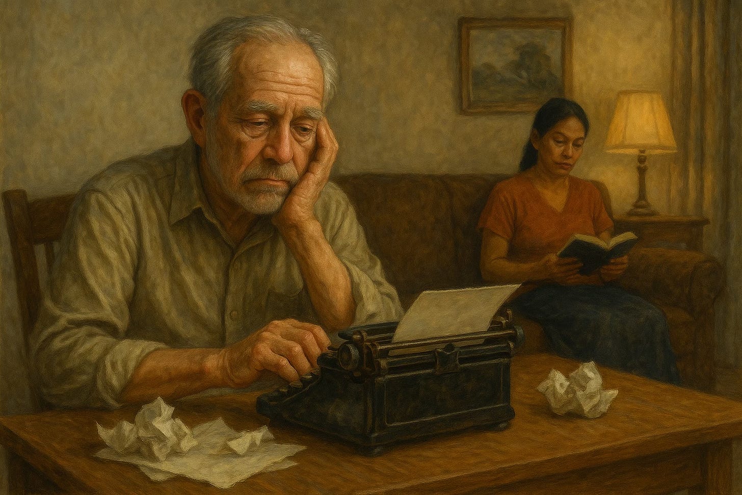 A traditional oil painting of an elderly Caucasian man, with gray hair and a weary expression, sitting at a wooden desk with a vintage typewriter and crumpled sheets of paper scattered around. He rests his head on one hand, appearing deep in thought and disheartened. In the background, a Thai woman in her late fifties, wearing a rust-colored blouse and blue skirt, sits on a brown couch reading a book, emotionally distant. The scene is warmly lit by a table lamp, creating a melancholic and intimate atmosphere.