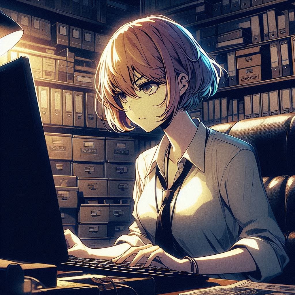 A young woman with short blonde hair staring at her computer while in a police evidence room. Anime art style. Dark. 