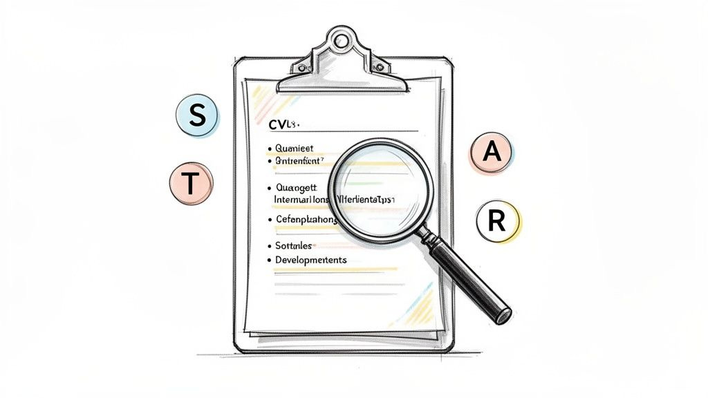 Illustration of a clipboard with a document, a magnifying glass, and STAR method letters for recruitment. Illustration of a clipboard with a document, a magnifying glass, and STAR method letters for recruitment.