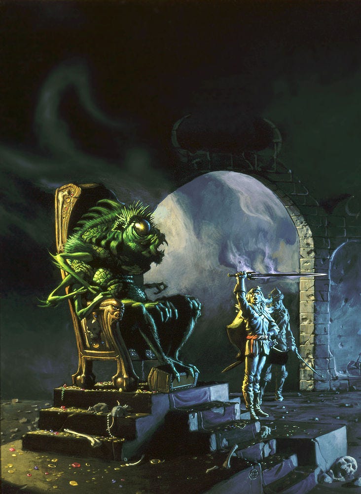 Framed by a wide archway, Elric announces his arrival with Stormbringer thrust overhead leaking purple mist. The chamber is occupied by an eight armed, green-scaled demon perched upon a wooden throne. The demon looks unnaturally top heavy with a great portion of bulk in its upper body. Its head, turned in profile toward Elric, resembles a fish with its maw open and jagged teeth protruding. A nest of quills form its brow set above a large eye reflecting a yellow sheen bulges from its socket with no discernible iris. It sits with clawed feet atop an overturned chest. A string of pearls, gold coins, and gems of various sizes and color bones are scattered on the dais below. A pair of rats sit among spilled treasure and human bones.