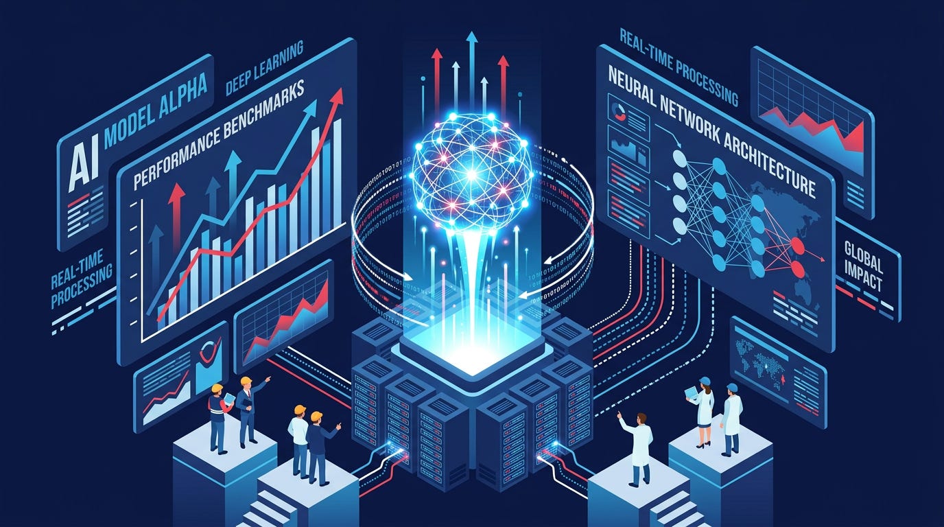 Flat isometric illustration of a powerful futuristic AI model represented by a glowing neural-network core launching upward from a computer server, giant benchmark graphs and glowing data streams surrounding it, small engineers watching from below, dark navy background, clean vector art style, bold blue, white and red accents, modern AI editorial aesthetic Flat isometric illustration of a powerful futuristic AI model represented by a glowing neural-network core launching upward from a computer server, giant benchmark graphs and glowing data streams surrounding it, small engineers watching from below, dark navy background, clean vector art style, bold blue, white and red accents, modern AI editorial aesthetic