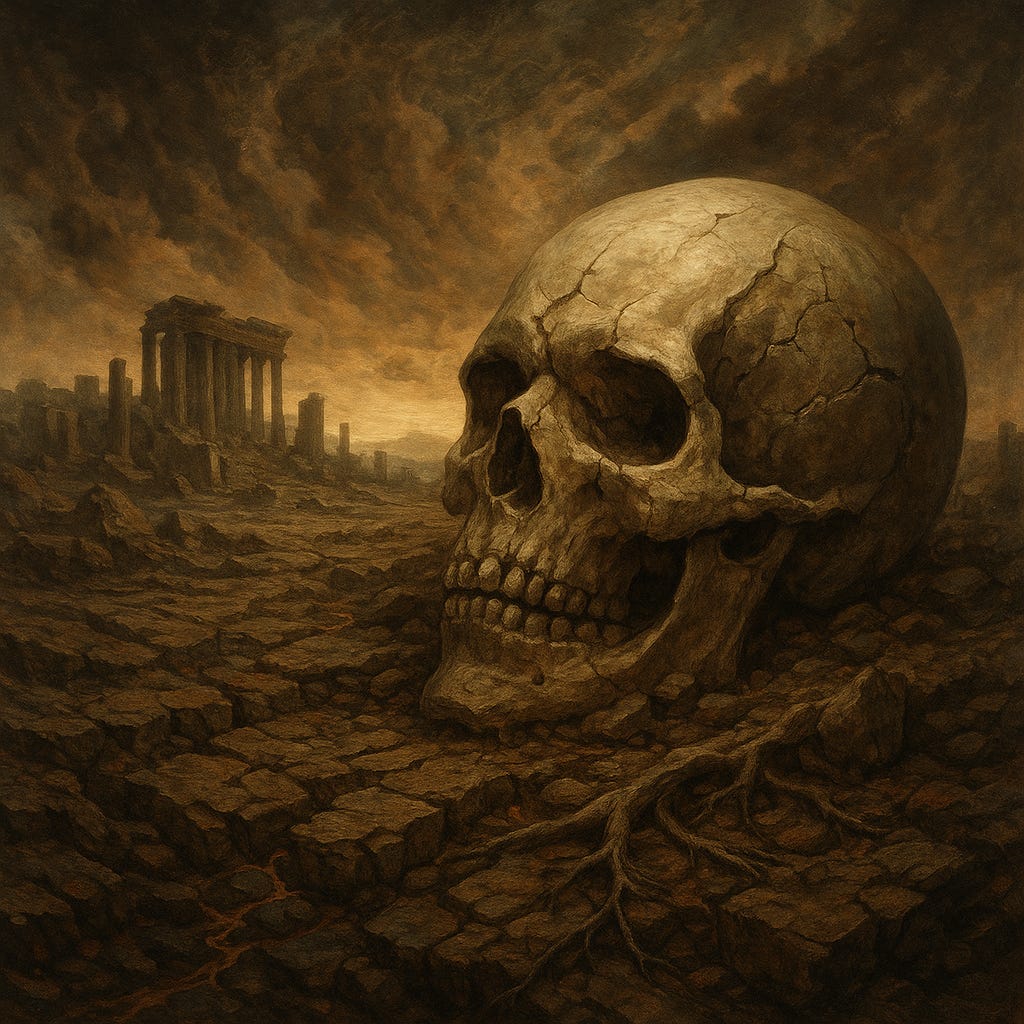 A dark, atmospheric painting of a colossal cracked human skull lying half-buried in a barren, fractured landscape. Twisted roots emerge from the ground, and in the distance, the broken columns of an ancient temple stand silhouetted against a storm-filled, ominous sky. The scene evokes collapse, decay, and the forgotten remnants of a once-powerful civilisation.