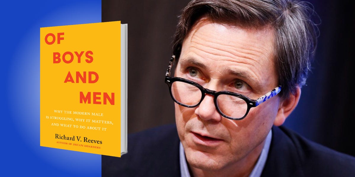 The book "Of Boys and Men" juxtaposed with a photo of the author