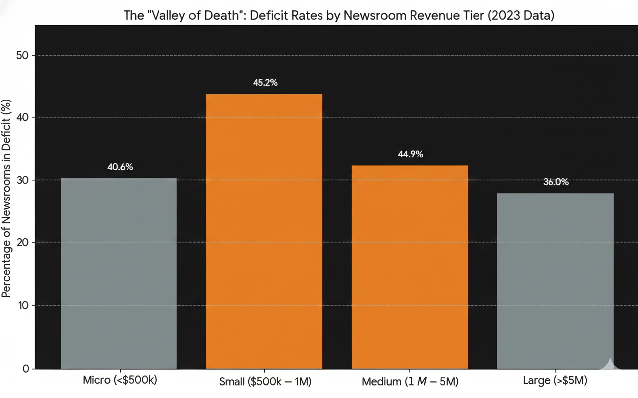 A bar chart titled "The Valley of Death: Deficit Rates by Newsroom Revenue Tier (2023 Data)." The Y-axis represents the percentage of newsrooms in deficit, ranging from 0 to 50%. Four revenue tiers are shown: Micro (under $500k) at 40.6%, Small ($500k to $1M) at 45.2%, Medium ($1M to $5M) at 44.9%, and Large (over $5M) at 36.0%. The "Small" and "Medium" bars are highlighted in bright orange to illustrate the spike in financial vulnerability during the scaling phase, while the "Micro" and "Large" bars are in a neutral grey.