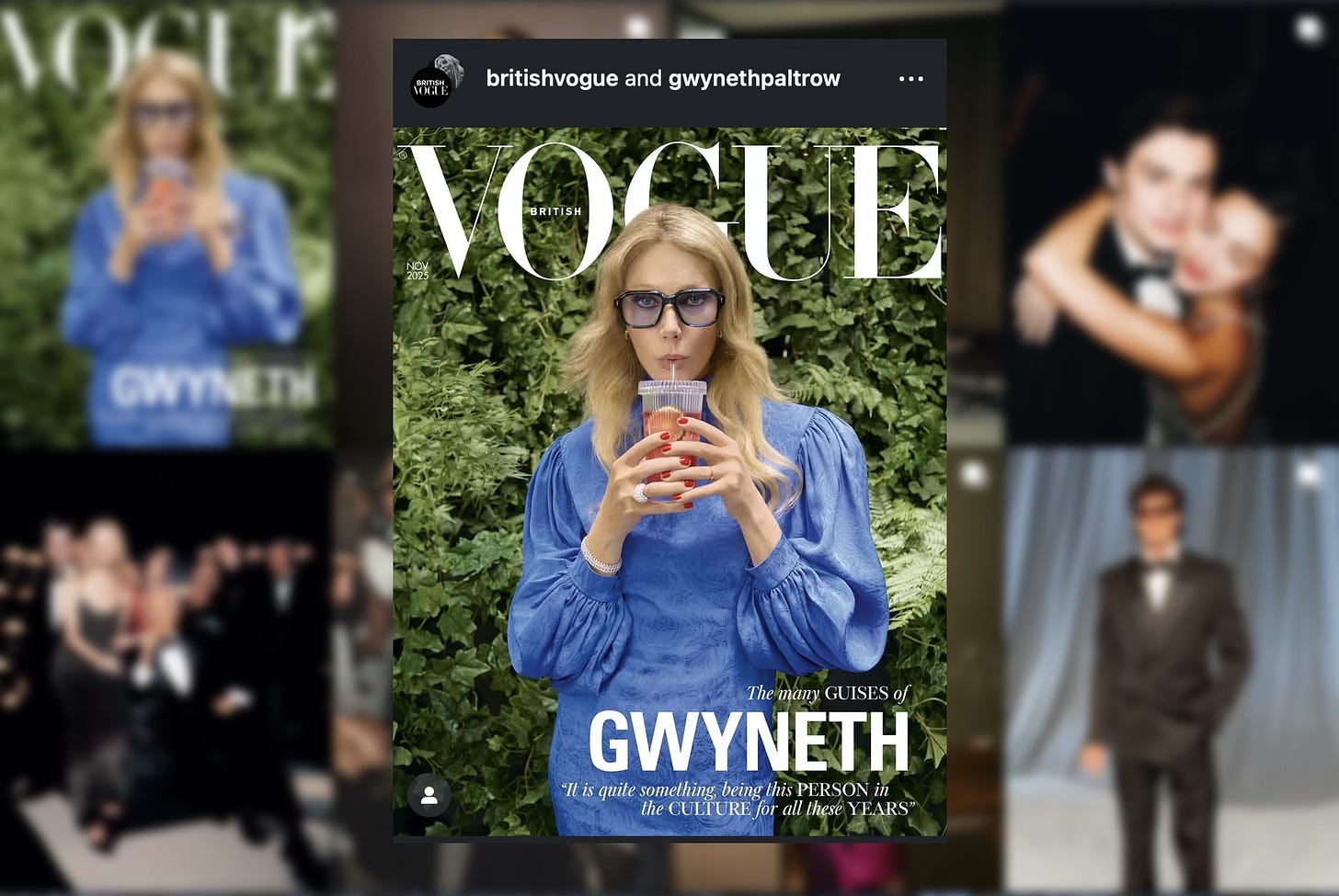 A screenshot of Gwyneth paltrow's Vogue cover over a further screesnhot of the magazine's Instagram grid, which is blurred slightly