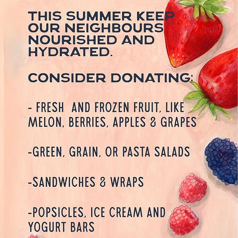 1: Summer with Community Fridges Toronto; 2: This summer keep our neighbours nourished and hydrated. Consider donating: yogurt and string cheese, juicy vegetables like tomatoes, cucumbers, lettuce & celery, drinks like juice, kombucha, sports drinks, coconut water, iced tea, or water; 3: Consider donating fresh and frozen fruit like melon, berries, apples & grapes, green, grain, or pasta salads, sandwiches & wraps, popsicles, ice cream, and yogurt bars 
