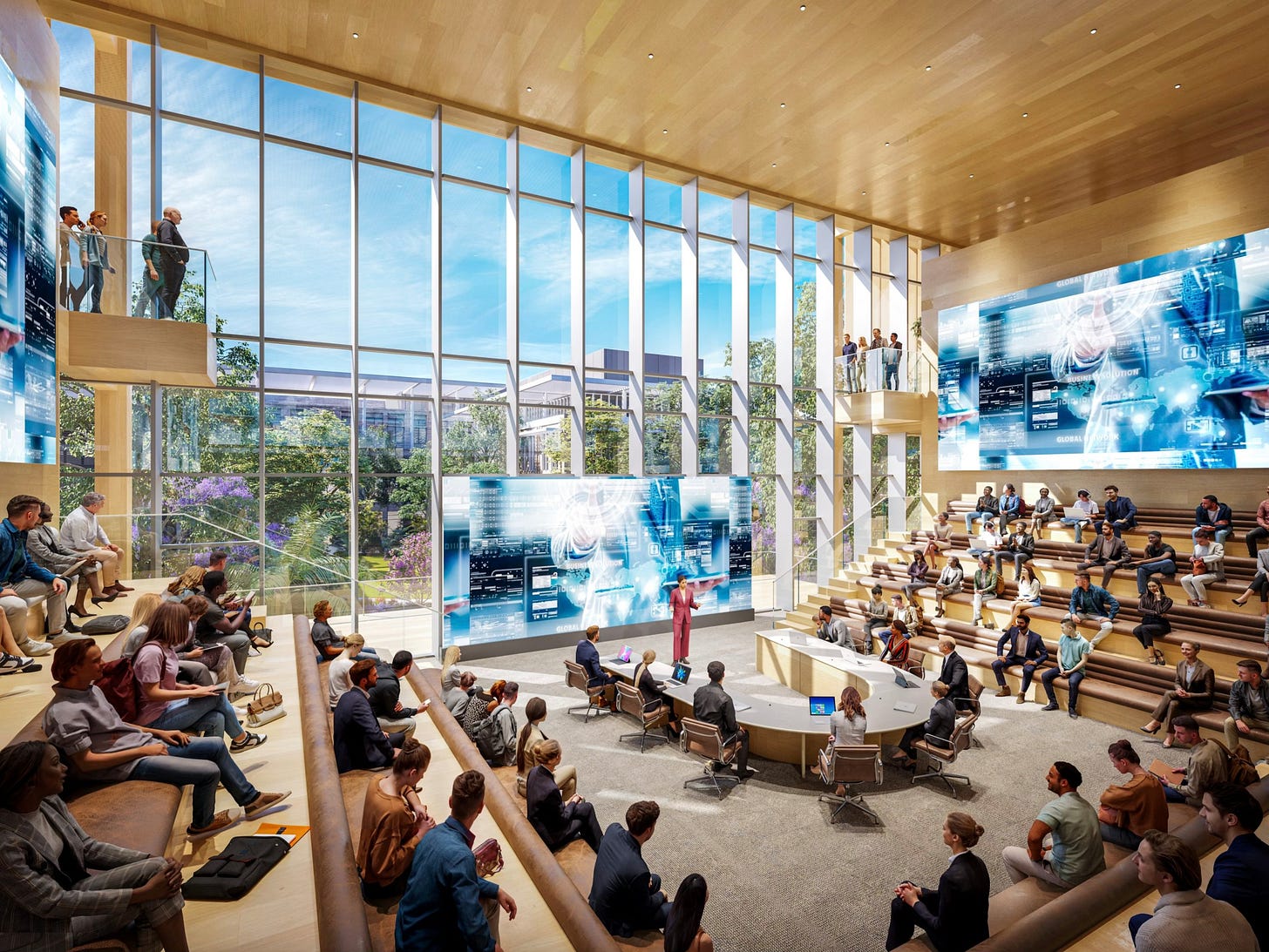 Computer generated rendering of giant agora style classroom with floor to ceiling windows, giant futuristic display screens and a professor teaching dozens of students seated on chairs and benches in a U shape