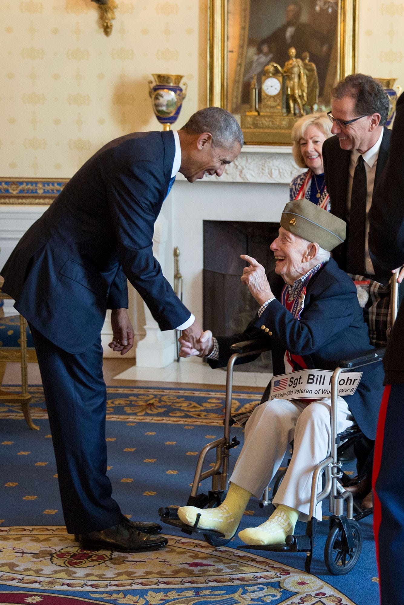 November 11, 2016: The sheer joy of 108-year-old World War II veteran Bill Mohr as he meets President Obama after a Veterans Day breakfast at the White House, fulfilling a lifelong dream. November 11, 2016: The sheer joy of 108-year-old World War II veteran Bill Mohr as he meets President Obama after a Veterans Day breakfast at the White House, fulfilling a lifelong dream.