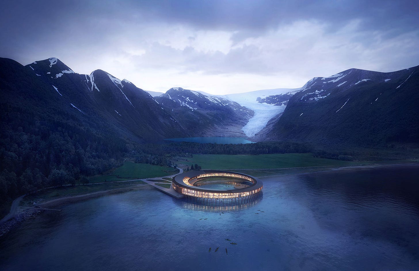 This solar-powered, carbon-neutral ring of rooms takes its form from traditional A-shaped fish-drying devices and rorbu fisherman’s cabins.