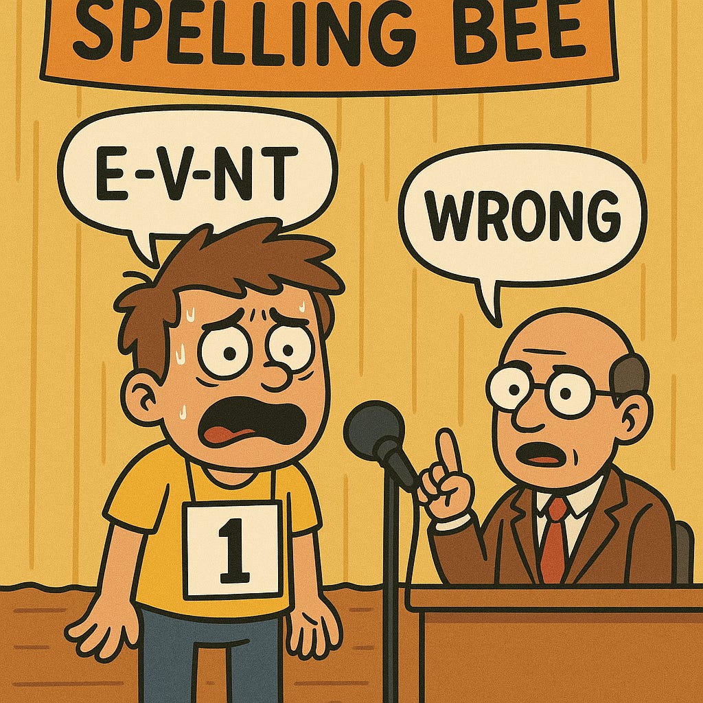 A cartoon of a character in a spelling bee, trying to spell the word "EVENT", but failing miserably; the character spells it E-V-NT. A judge sits off to the side saying "WRONG" A cartoon of a character in a spelling bee, trying to spell the word "EVENT", but failing miserably; the character spells it E-V-NT. A judge sits off to the side saying "WRONG"