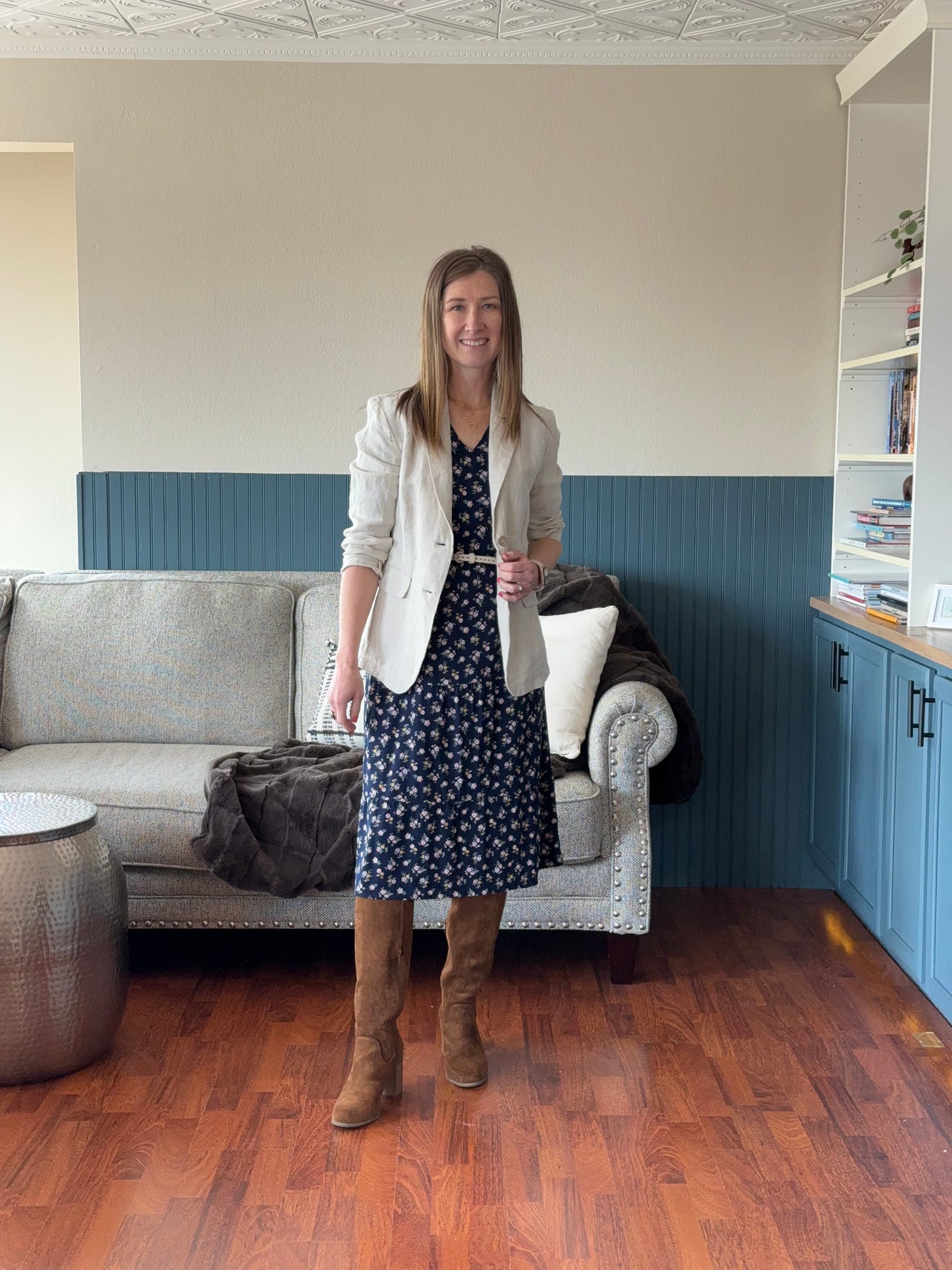 blazer over a midi dress and tall boots outfit