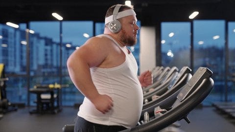 Motivation Overweight Man Run On Treadmill