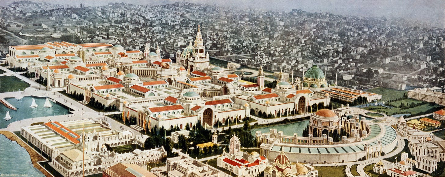 Aerial view of the Panama–Pacific International Exposition, directed southeast. The exposition buildings have been colored to distinguish them; the area, then known as Harbor View, is now the Marina District. Aerial view of the Panama–Pacific International Exposition, directed southeast. The exposition buildings have been colored to distinguish them; the area, then known as Harbor View, is now the Marina District.