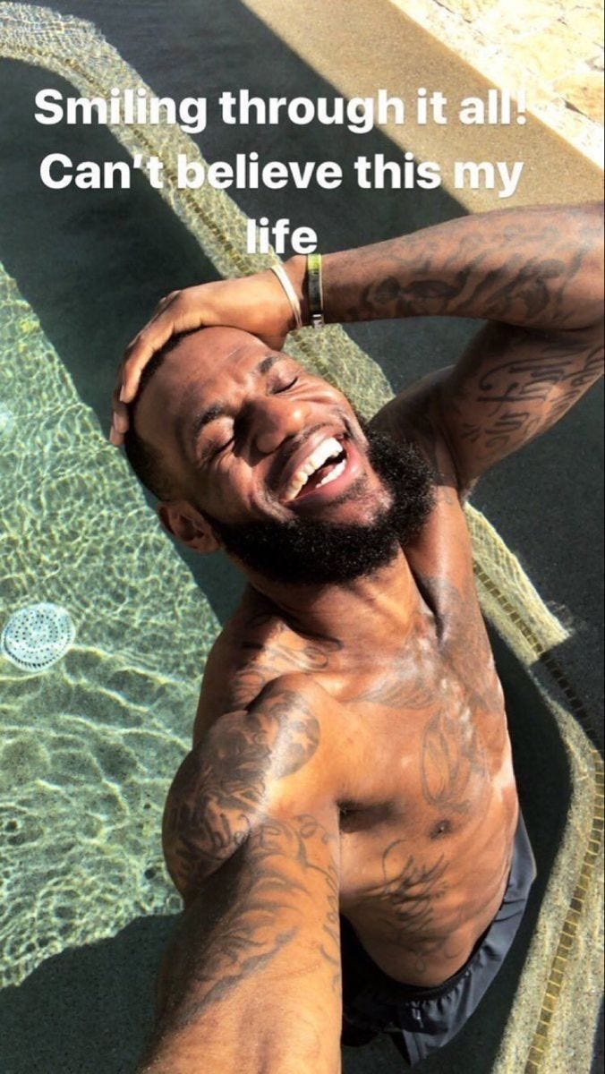 This may contain: a man laying on top of a swimming pool next to a quote that reads, smiling through it all can't believe this my life
