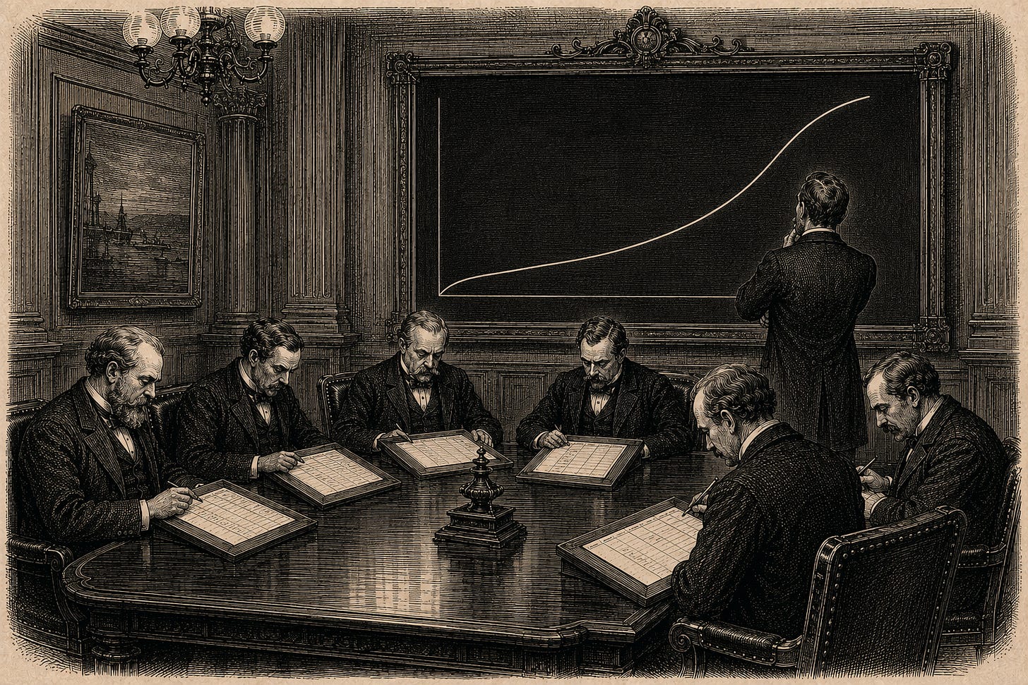 Wood-engraving editorial illustration in the Thomas Nast Harper's Weekly style for Attention Capital's essay The Capital Side of the Canary. Six seated banker figures around a credit committee table each stare down at blank ruled diligence forms while a rising retention curve on a large blackboard behind them goes unattended. A single standing figure at the right examines the curve on the blackboard closely. The image argues that standard credit checklists score collateral, recovery, fixed-asset coverage, and debt-service ratios while failing to measure audience quality, retention behavior, or the operator's contact path to the audience. Keywords: diligence checklist, credit committee, retention curve, audience quality, behavioral underwriting. Wood-engraving editorial illustration in the Thomas Nast Harper's Weekly style for Attention Capital's essay The Capital Side of the Canary. Six seated banker figures around a credit committee table each stare down at blank ruled diligence forms while a rising retention curve on a large blackboard behind them goes unattended. A single standing figure at the right examines the curve on the blackboard closely. The image argues that standard credit checklists score collateral, recovery, fixed-asset coverage, and debt-service ratios while failing to measure audience quality, retention behavior, or the operator's contact path to the audience. Keywords: diligence checklist, credit committee, retention curve, audience quality, behavioral underwriting.