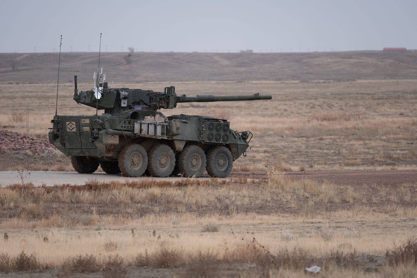 An M1128 Mobile Gun System assigned to Echo Troop, 2nd Squadron, 1st Cavalry Regiment, 1st Stryker Brigade Combat Team, 4th Infantry Division, conducts Stryker Gunnery Table VI at Fort Carson, Colorado, Nov. 24, 2020. (U.S. Army photo by Capt. Daniel Parker) An M1128 Mobile Gun System assigned to Echo Troop, 2nd Squadron, 1st Cavalry Regiment, 1st Stryker Brigade Combat Team, 4th Infantry Division, conducts Stryker Gunnery Table VI at Fort Carson, Colorado, Nov. 24, 2020. (U.S. Army photo by Capt. Daniel Parker)