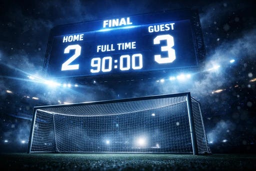 A lit scoreboard displaying a goal that has already been scored, representing consciousness arriving after the body’s neurological decision