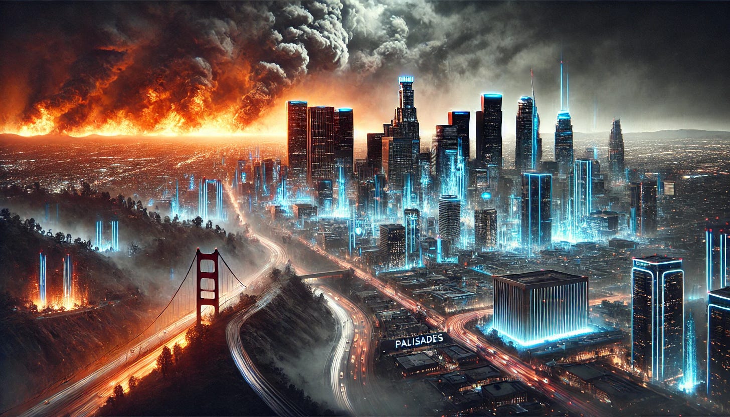A dystopian and dramatic cityscape set in Los Angeles, depicting a city undergoing massive transformation under an authoritarian rule. The scene includes a high-tech urban area transitioning into a 'smart city' with futuristic AI-controlled infrastructure. The Palisades neighborhood is a central focus, surrounded by imposing skyscrapers and illuminated by cold, neon lights. In the background, wildfires rage, symbolizing destruction and chaos. The atmosphere is tense and surreal, reflecting themes of control, emergency powers, and societal upheaval. The colors are dark and ominous with shades of orange, blue, and gray.