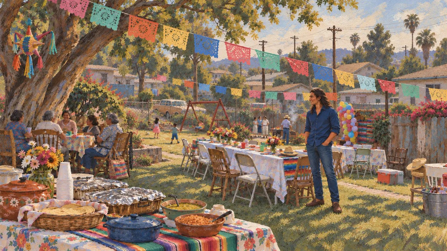 Digital gouache illustration of Alex standing on the grass at a Mexican American backyard party, looking toward women seated beneath a mature tree. Papel picado, mismatched tables, an older fence, and a working-class neighborhood fill the background. Digital gouache illustration of Alex standing on the grass at a Mexican American backyard party, looking toward women seated beneath a mature tree. Papel picado, mismatched tables, an older fence, and a working-class neighborhood fill the background.