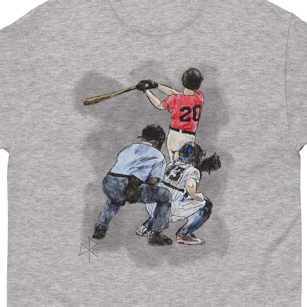 The batter begins releasing his grip on the bat’s handle as he completes his followthrough, having struck the baseball well enough that it will get deep into the outfield. Catcher and umpire crouch behind him. Sketch art by Don Rice. The batter begins releasing his grip on the bat’s handle as he completes his followthrough, having struck the baseball well enough that it will get deep into the outfield. Catcher and umpire crouch behind him. Sketch art by Don Rice.