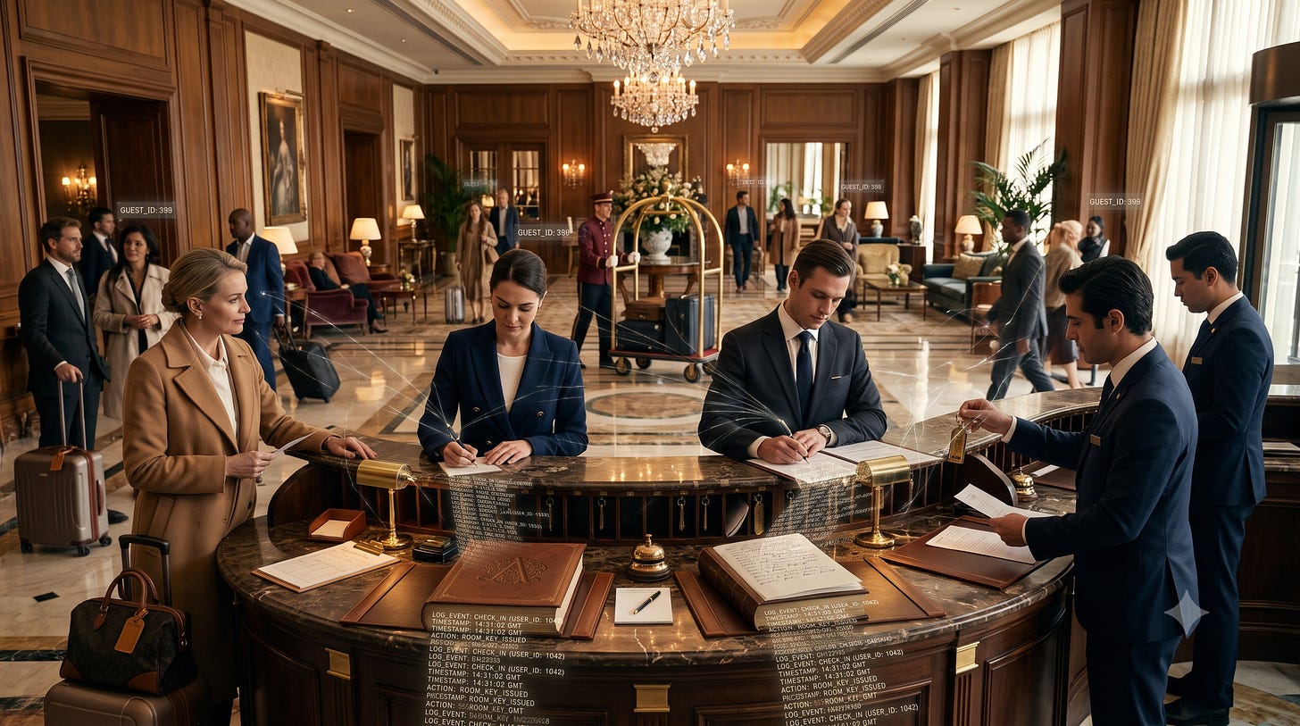 A luxury hotel lobby where guests' actions are logged in large books as glowing data and code. 