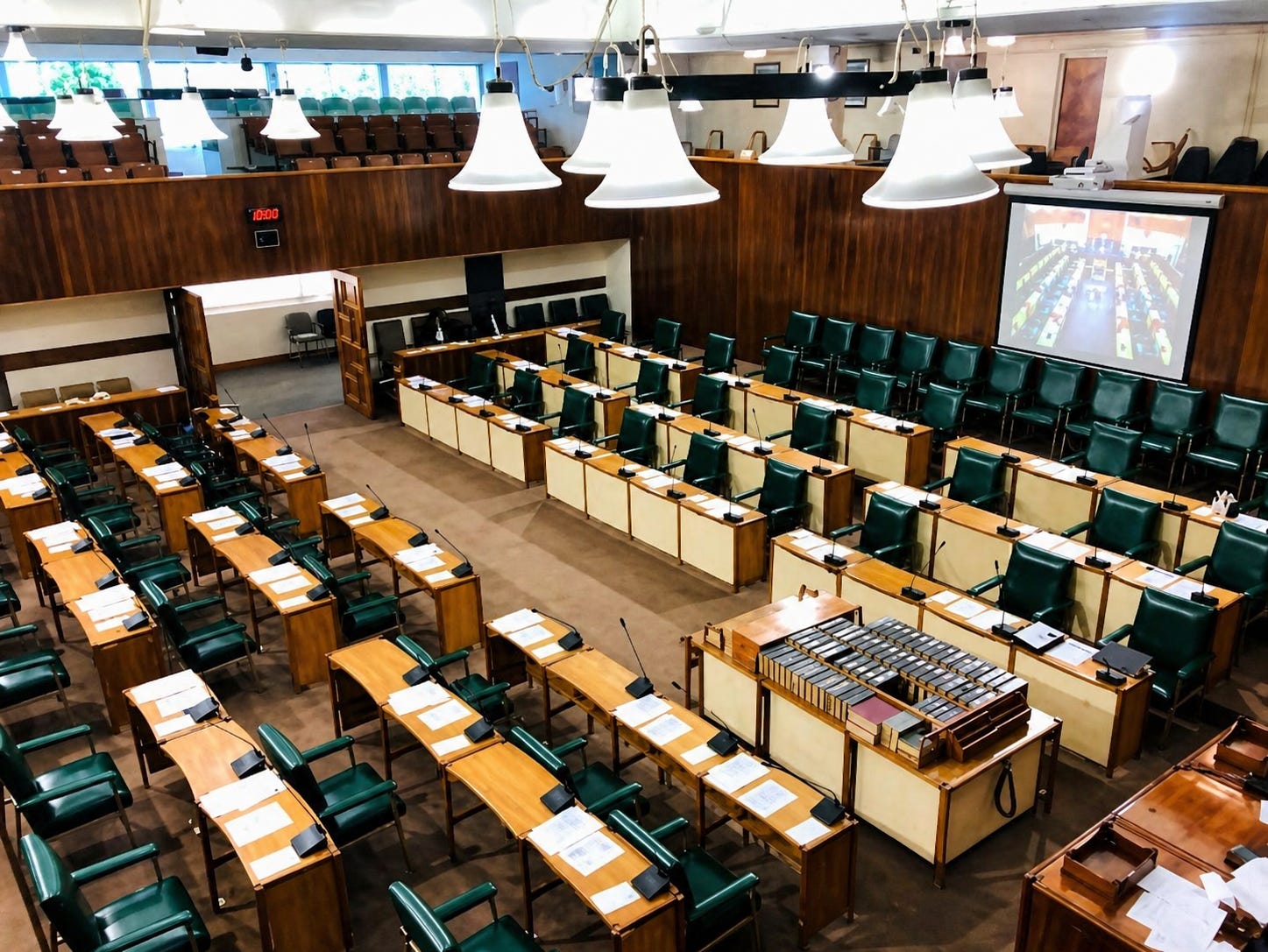 Empty legislative chamber prepared for session, with rows of green seats and polished desks awaiting debate.