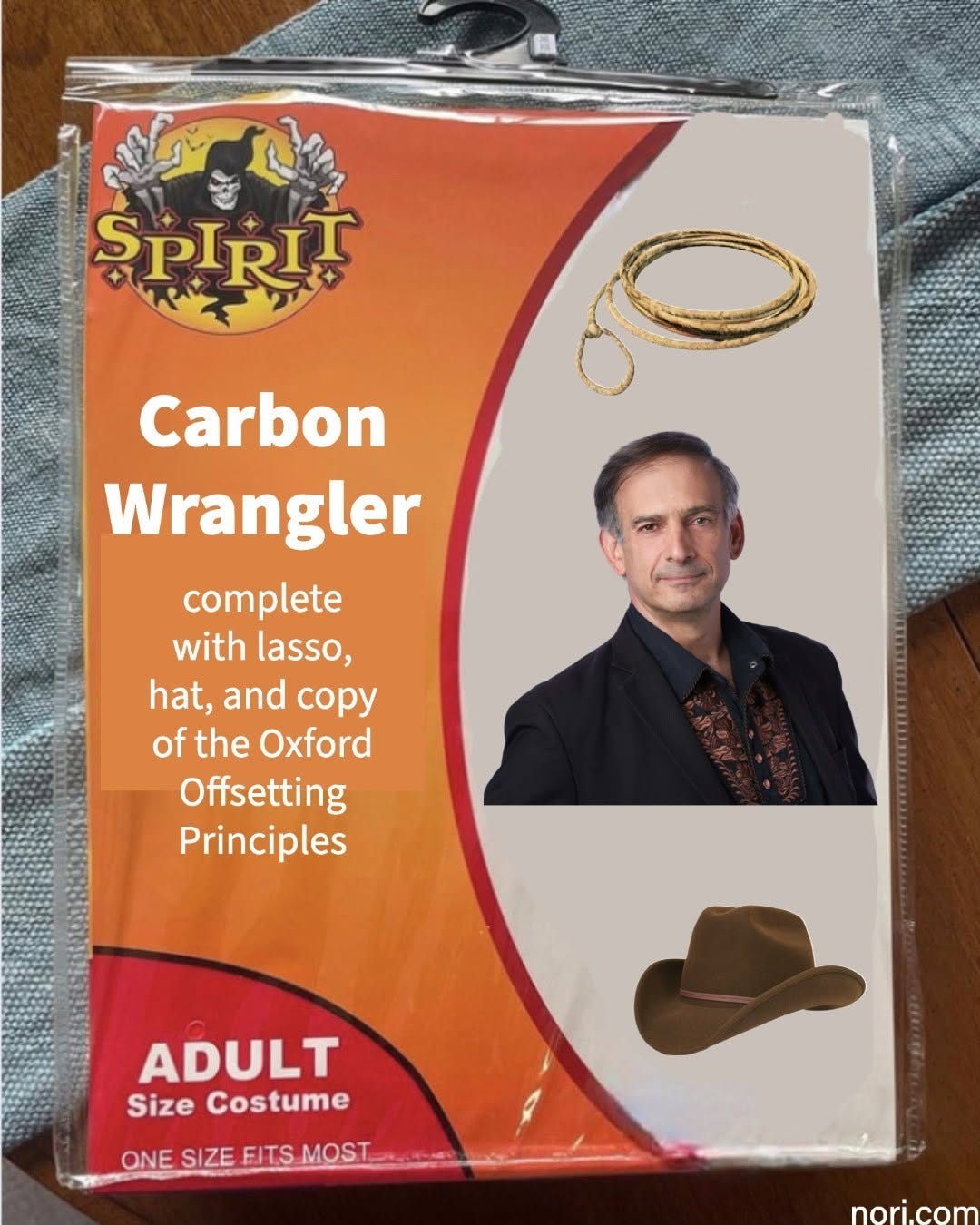 Parody Spirit Halloween costume bag labelled "Carbon Wrangler: complete with lasso, hat, and copy of the Oxford Offsetting Principles. Adult size costume", showing a lasso, a cowboy hat and a photo of a man in a dark jacket.