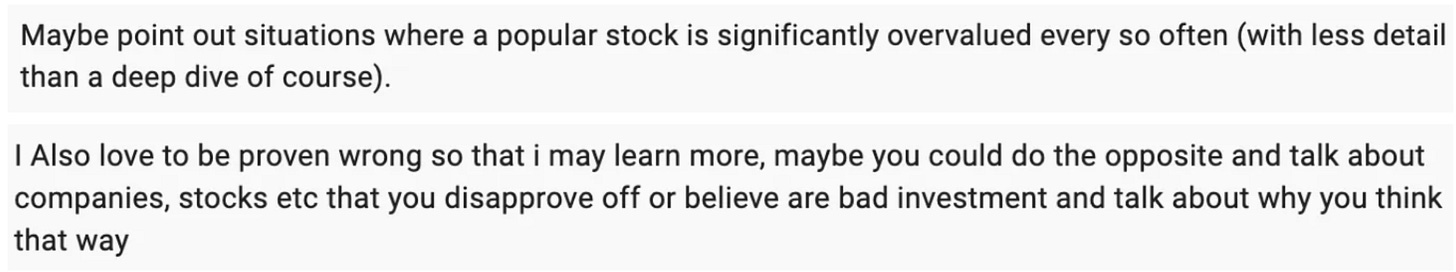 Beating The Tide subscriber survey feedback screenshot suggesting a section on overpriced popular stocks and bad investment ideas, explaining why certain stocks look overvalued without a full deep dive