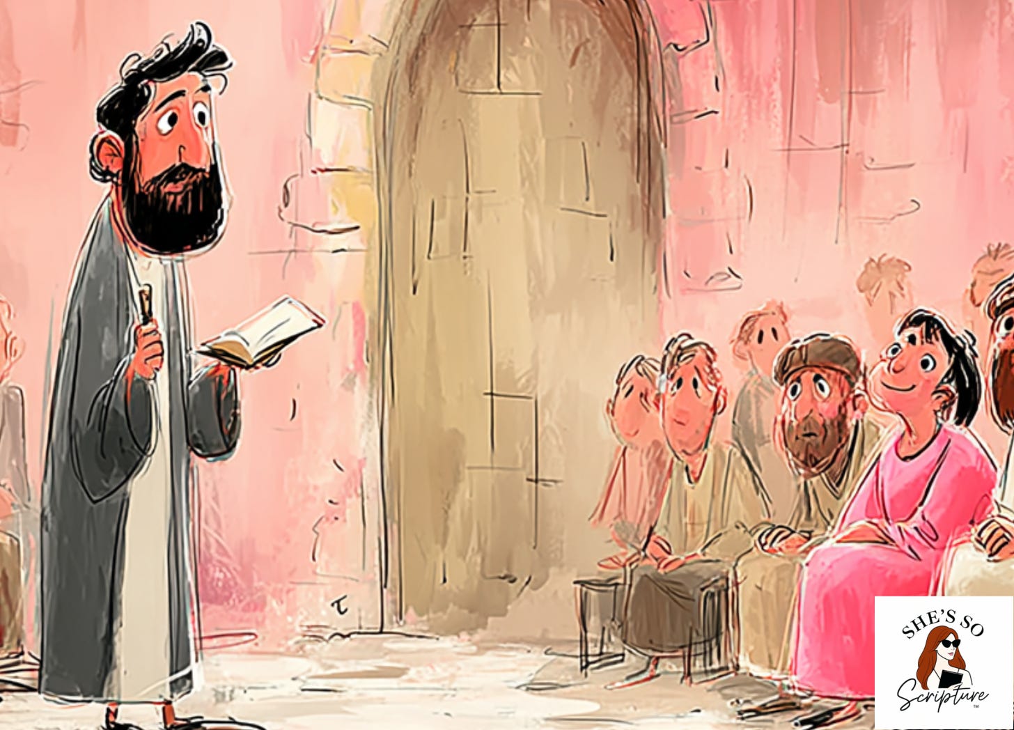 A first century Jewish community gathered inside a stone assembly room where wealthy visitors are seated in places of honor while a poorly dressed man stands near the entrance, illustrated in soft watercolor with blush pink and warm sand tones and delicate ink linework.