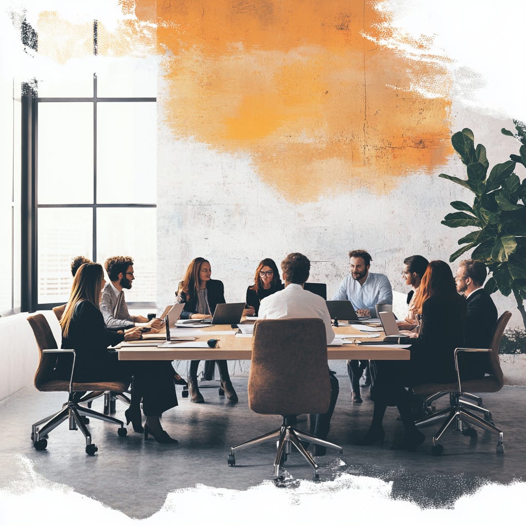 A group of motivated individuals sit around a desk, working in unison on an important project.