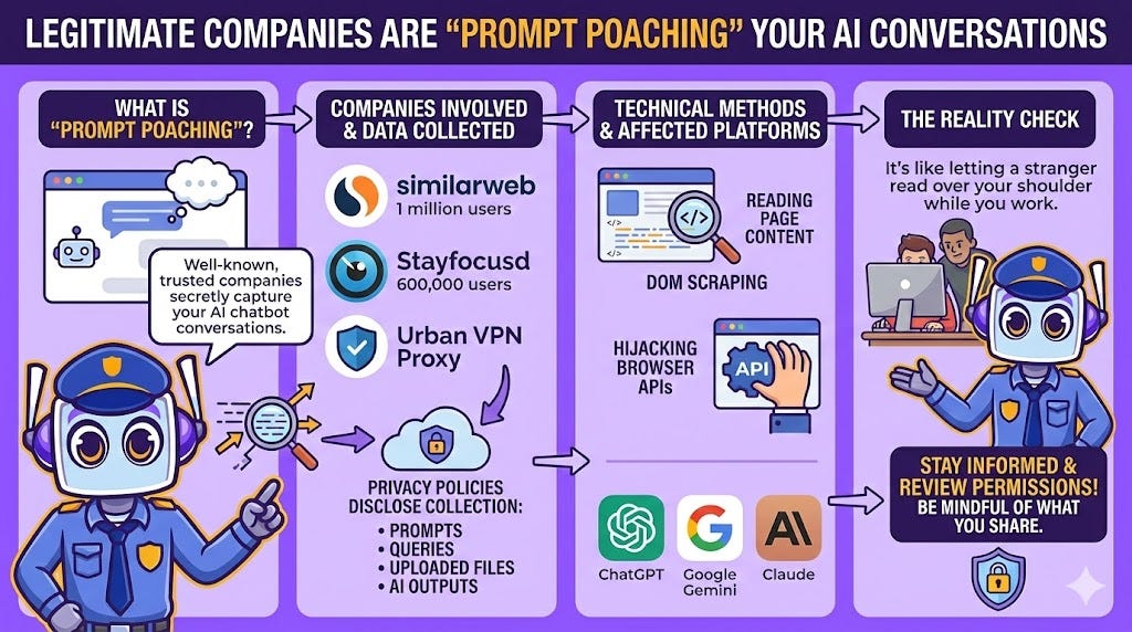 A horizontal infographic titled "Legitimate Companies Are Prompt Poaching Your AI Conversations." A blue police-robot character presents four sections explaining how trusted apps like Similarweb and Stayfocusd secretly capture AI chat data. Visuals illustrate technical methods like DOM scraping on platforms including ChatGPT and Gemini, concluding with a comparison to a stranger reading over your shoulder while you work.