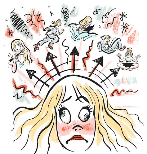 comic showing Claire debating what step comes first in new morning routine. New resolution: be more decisive. 