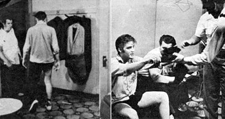 Elvis cutting up his torn pants to share with his adoring fans. Courtesy of the Miami Daily News. Elvis cutting up his torn pants to share with his adoring fans. Courtesy of the Miami Daily News.