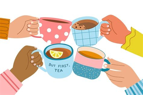 Premium Vector | Clink tea and coffee cups cheers drinks in hands ...