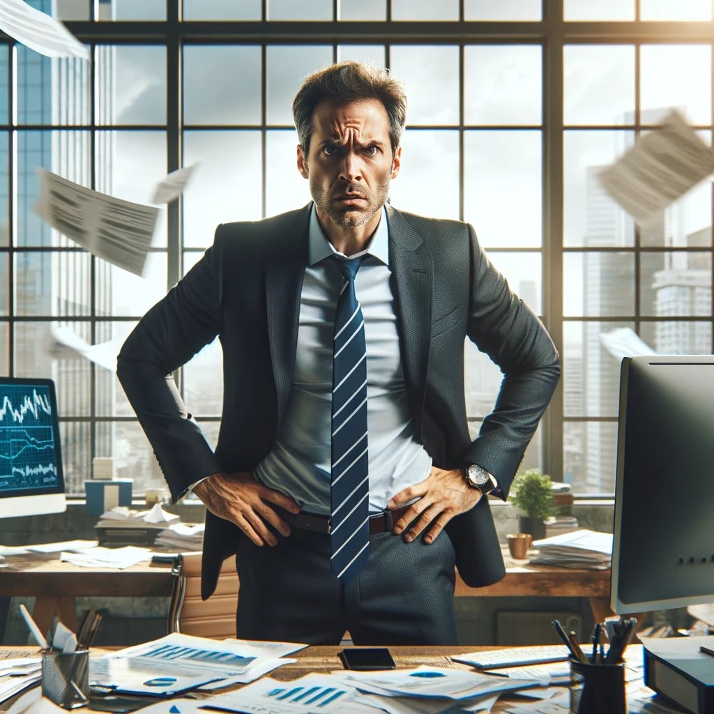 A corporate worker in a business suit, visibly agitated, is standing in an office environment. The worker, a middle-aged Caucasian male, has a furrowed brow and a tense expression. His hands are on his hips, and he's surrounded by papers flying around, a computer screen displaying charts, and a cluttered desk in the background. The office has a large window showing a cityscape outside, suggesting a high-rise building. The scene captures the stress and fast-paced nature of corporate life, emphasizing the worker's frustration and urgency.
