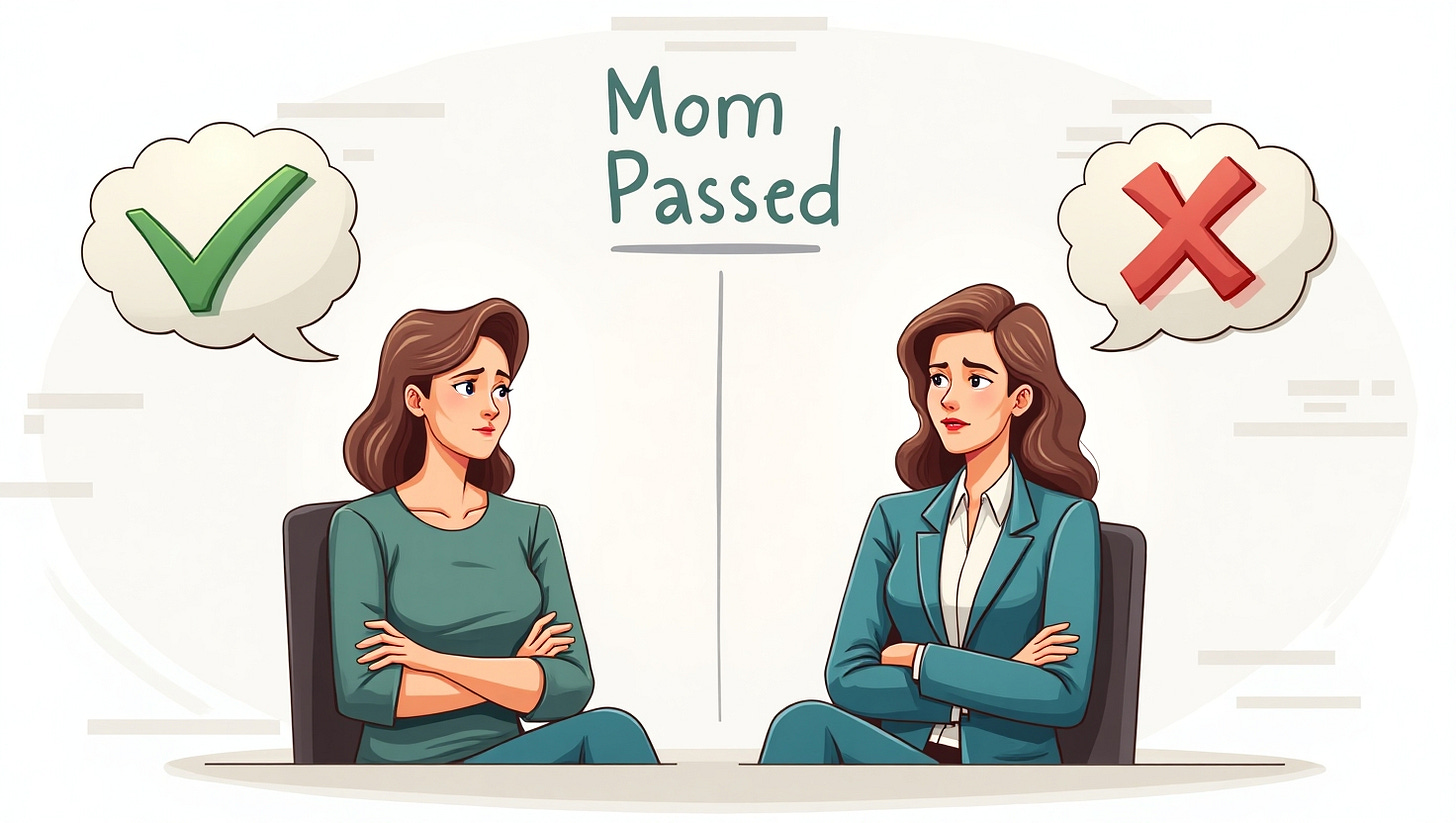 Ilustração do conceito 'Mom Test' mostrando uma mãe avaliando criticamente uma ideia, representando o teste definitivo de honestidade em feedback Ilustração do conceito 'Mom Test' mostrando uma mãe avaliando criticamente uma ideia, representando o teste definitivo de honestidade em feedback