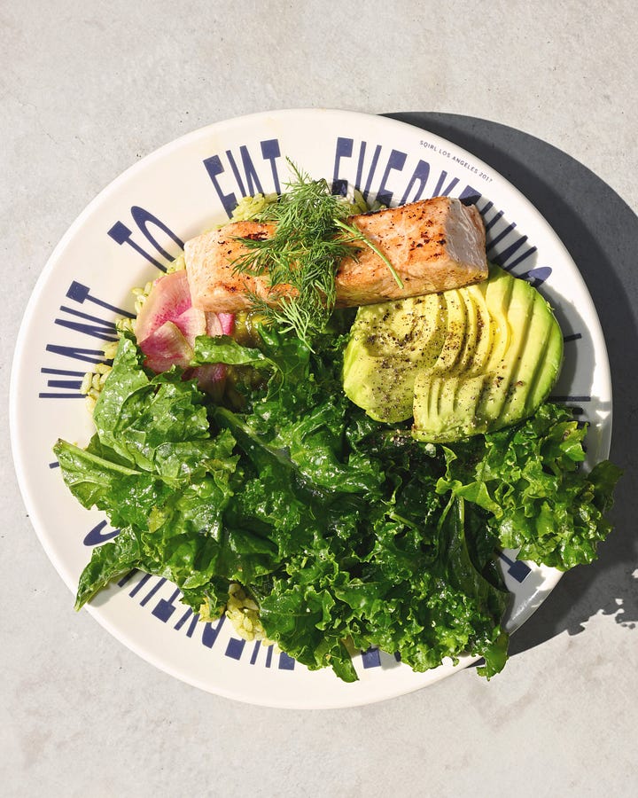Sqirl salmon bowl, Sqirl cappucino.