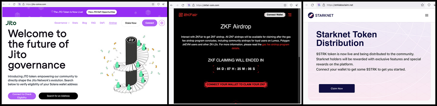 screenshots of some of the websites promoted in the crypto spam ads