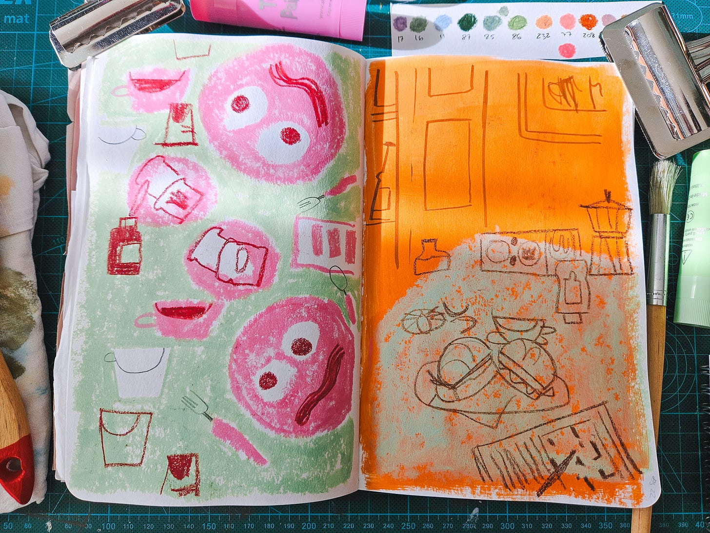 Two pages of a sketchbook where we can see on the left a brunch and on the right a sandwich for lunch. By Cris Tamay