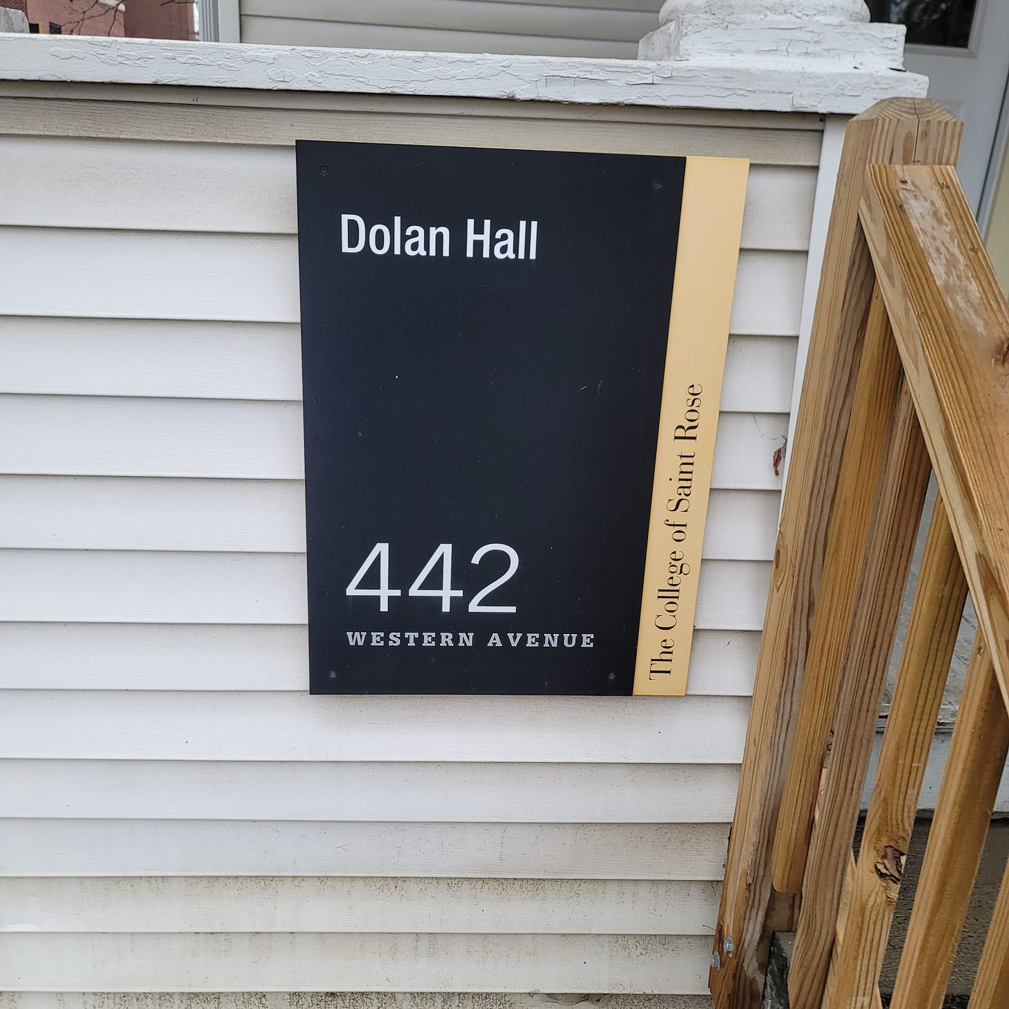 Sign for Dolan Hall 442 Western Avenue at The College of Saint Rose.