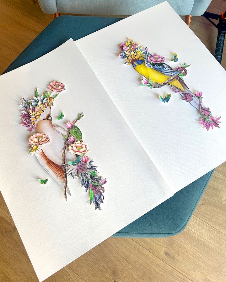 A gallery of details of mixed media vintage illustrations collaged with fineliner drawings by Georgie St Clair