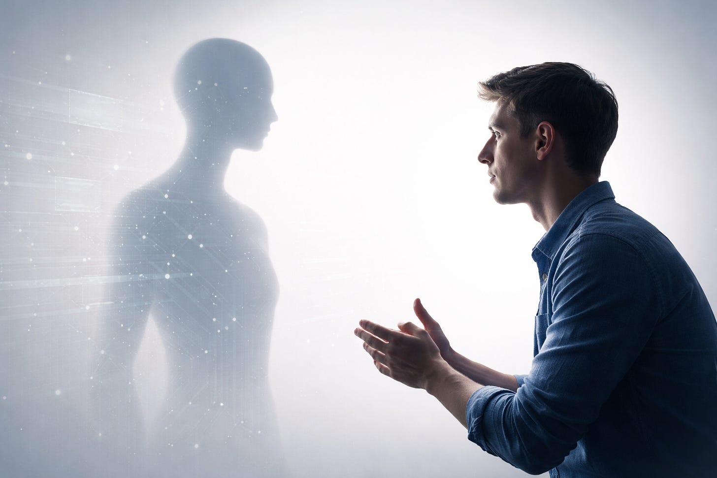 Silueta unui bărbat aflată față în față cu o prezență umanoidă difuză, aproape ca o umbră, într-un cadru minimalist care sugerează trecerea AI din zona instrumentului în cea a dialogului.