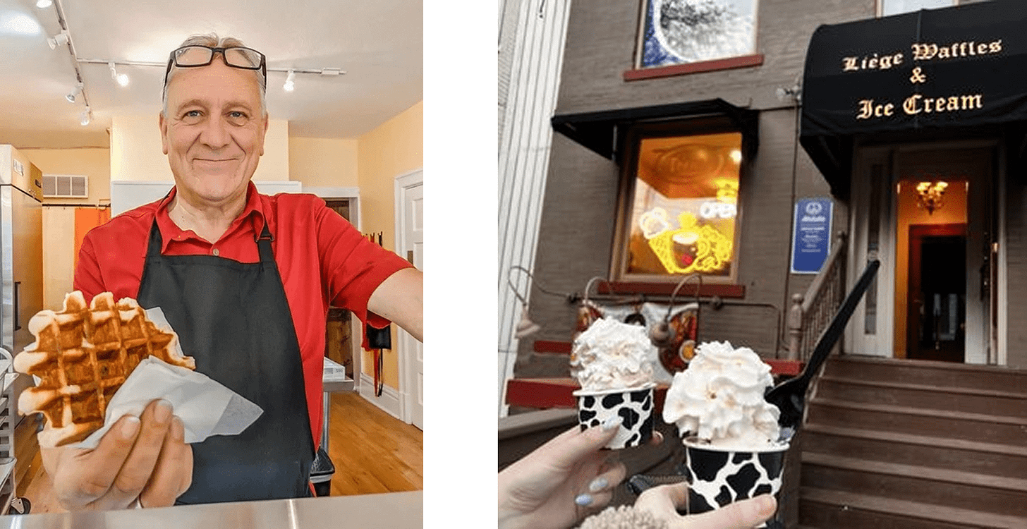 Left: Vincent serving a Liege waffle. Right: Liege Waffles & Ice Cream storefront