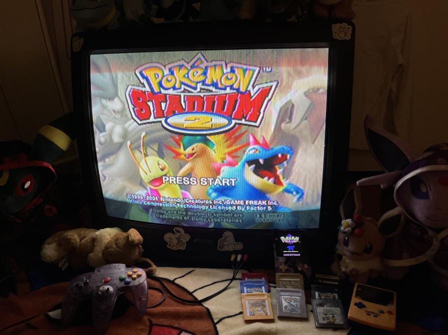 Ayano’s CRT setup with her Nintendo 64 and Pokémon Stadium 2