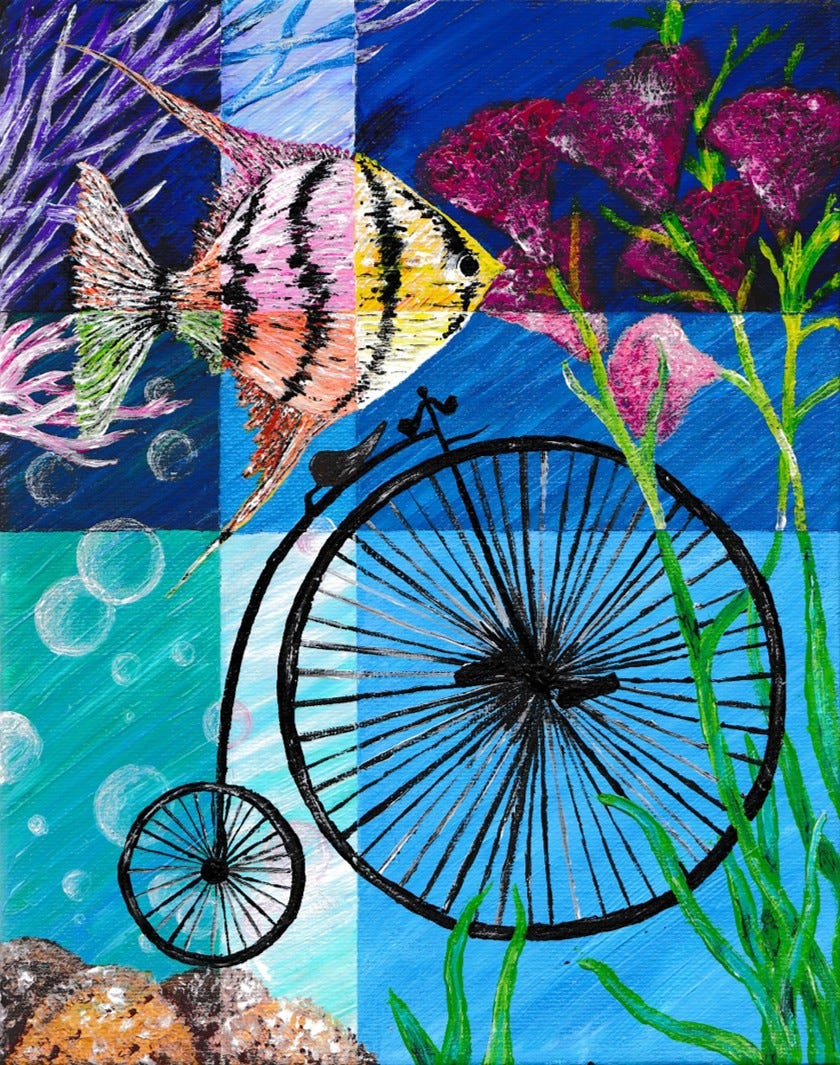 An acrylic painting of a watery scene with coral, pink flowers and bubbles in the background and an angel fish in the top left hand corner. Beneath the angel fish, there's a penny farthing bicycle
