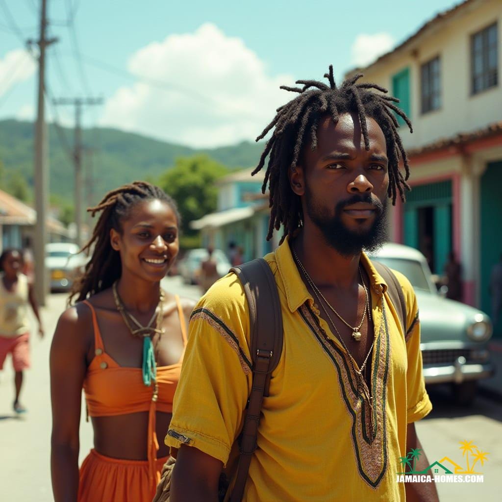 Jamaican man with dreadlocks and woman walking on a lively street